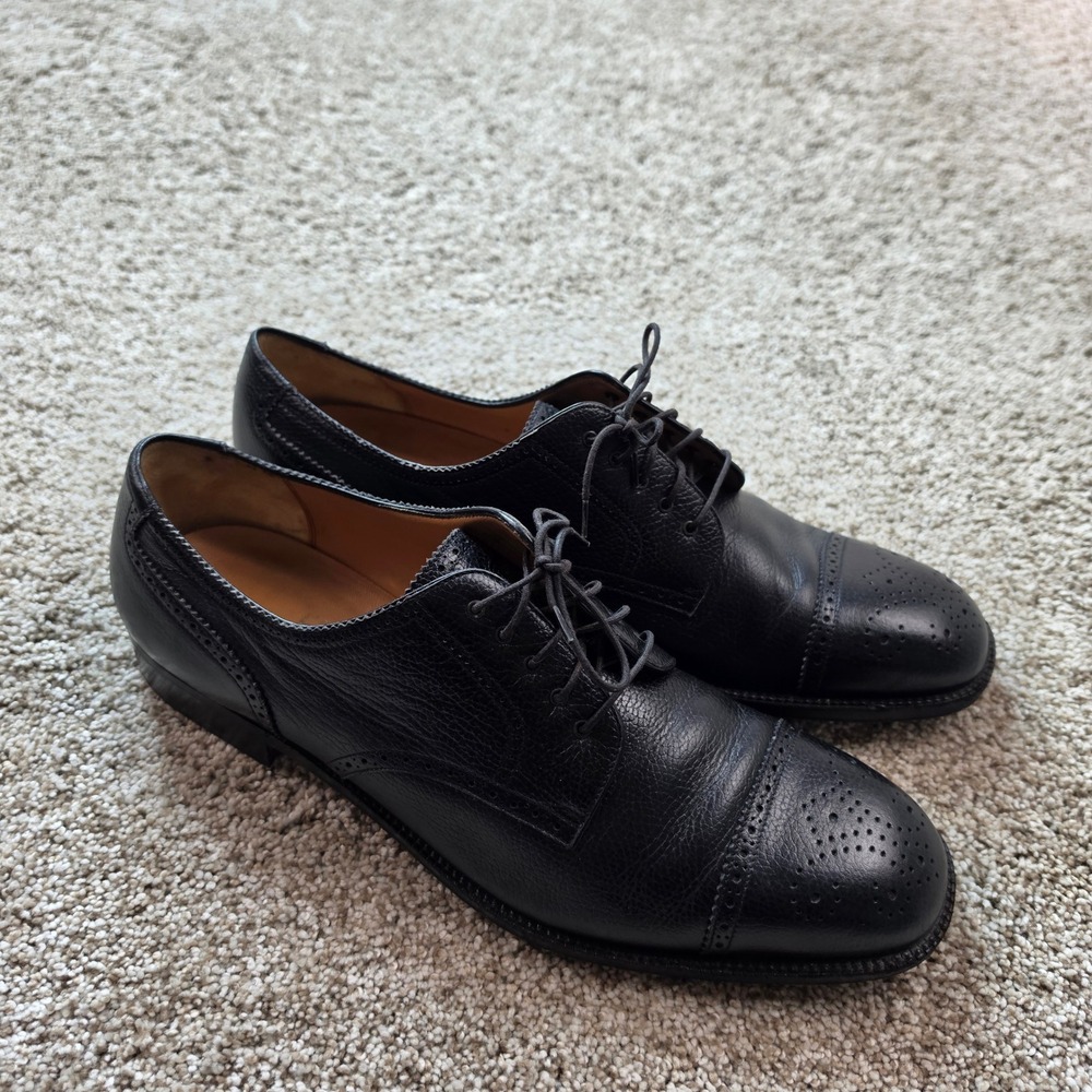 Salvatore Ferragamo Mens 12 D Black Pebbled Leather Cap Toe Brogue Oxford Italy